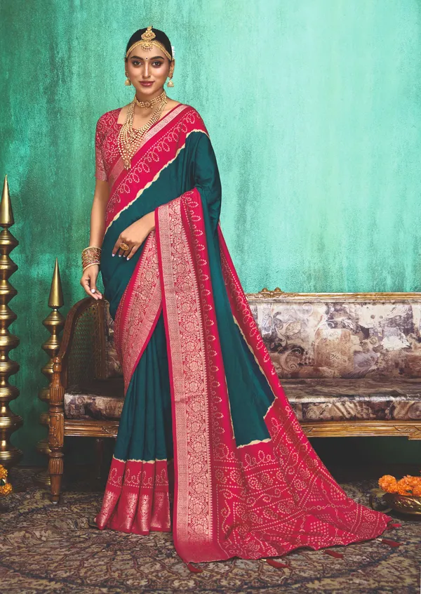 Teal_Blue_And_Pink_Velvet_Tussar_Silk_Zari_Work_Saree_For_Women
