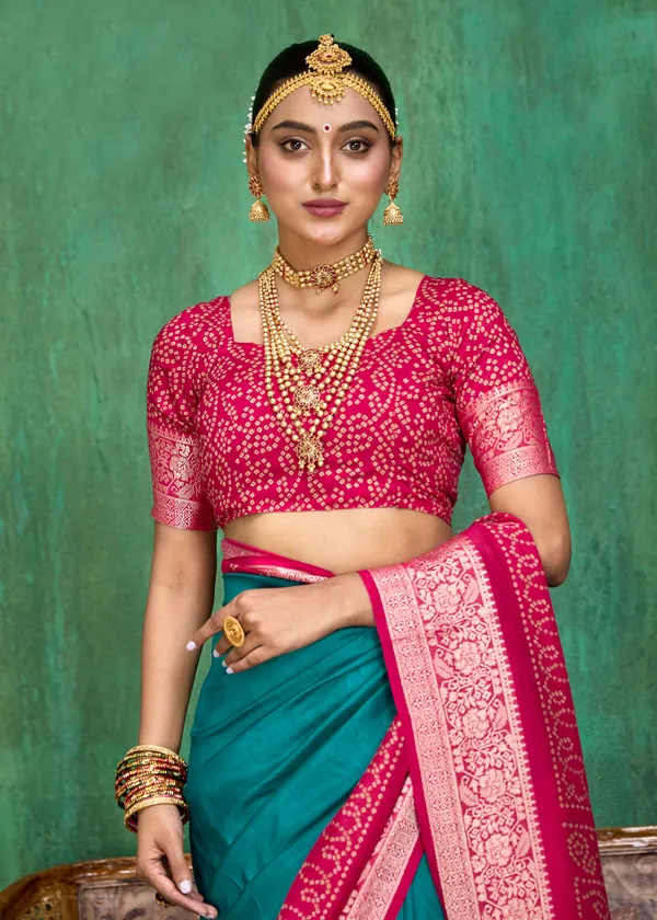 Teal_Green_Pink_Velvet_Tussar_Silk_Bandhani_Saree_For_Women