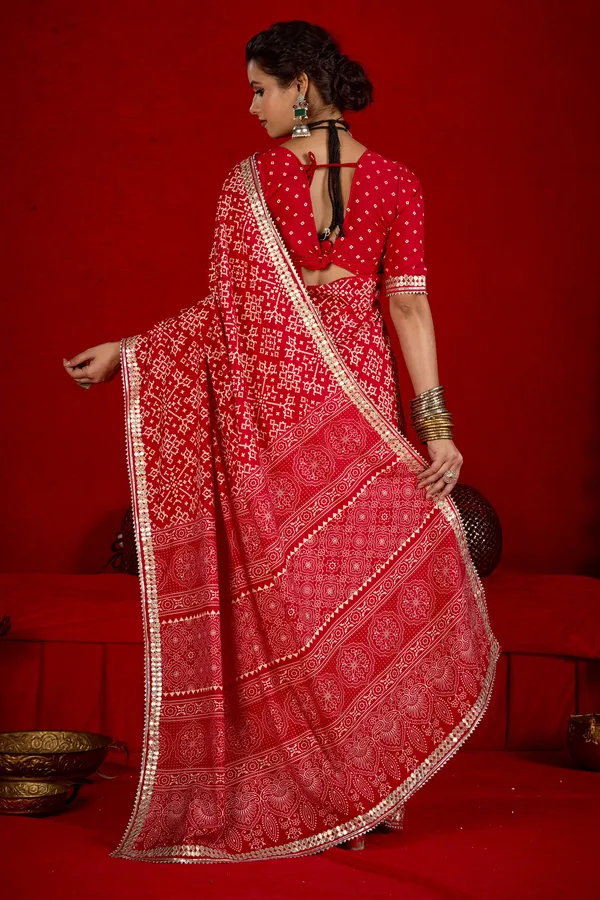Red_Velvet_Tussar_Silk_Bandhani_Embellished_Border_Saree_For_Women