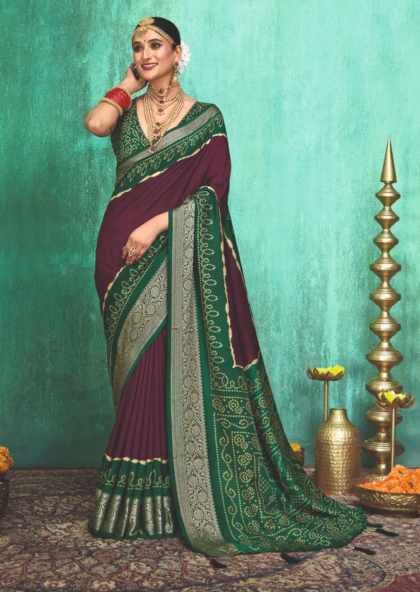 Green_Purple_Velvet_Tussar_Silk_Bandhani_Zari_Border_Saree_For_Women