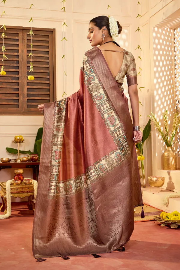 Brown_Pure_Tussar_Silk_Zari_Border_Embellished_Saree_For_Women