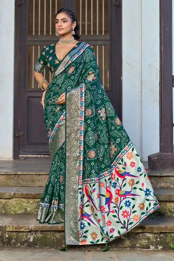 Green_Russian_Silk_Bandhani_Paithani_Border_Saree_For_Women