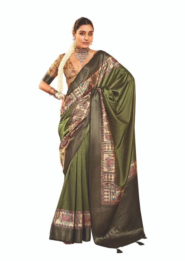 Olive_Green_Pure_Tussar_Silk_Zari_Work_Saree_For_Women