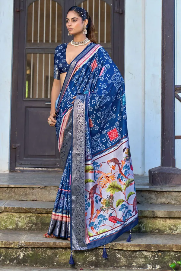 Blue_Russian_Silk_Bandhani_Silver_Zari_Border_Saree_For_Women