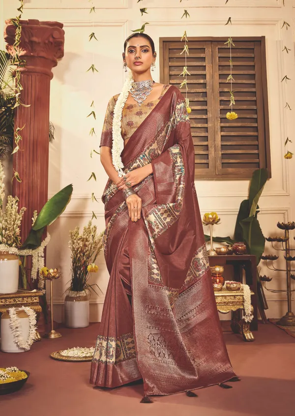 Brown_Pure_Tussar_Silk_Zari_Border_Embellished_Saree_For_Women