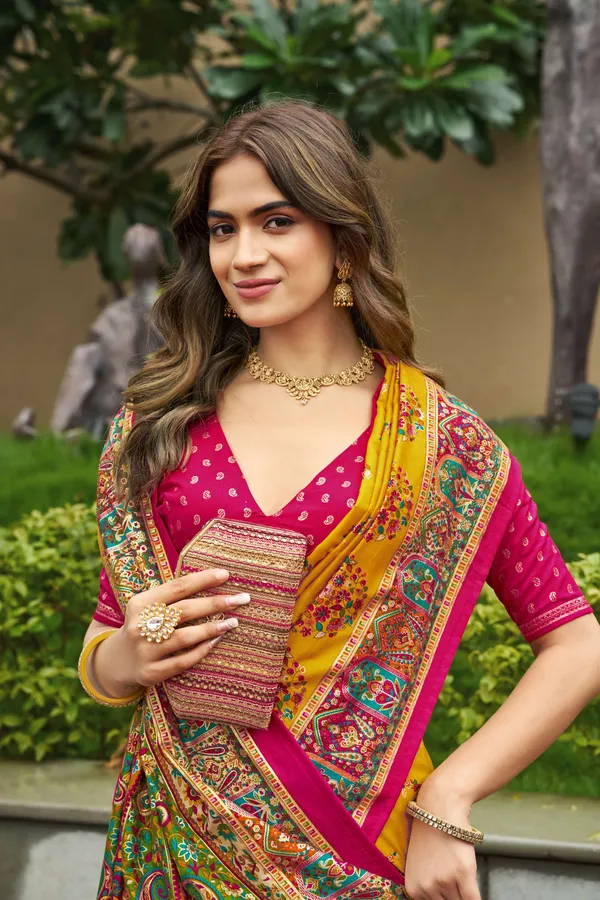 Yellow_Velvet_Tussar_Silk_Saree_With_Magenta_Blouse_For_Women