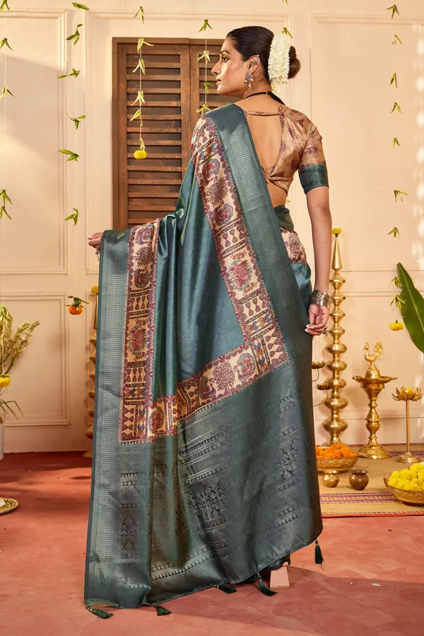 Teal_Green_Pure_Tussar_Silk_Embroidered_Border_Saree_For_Women