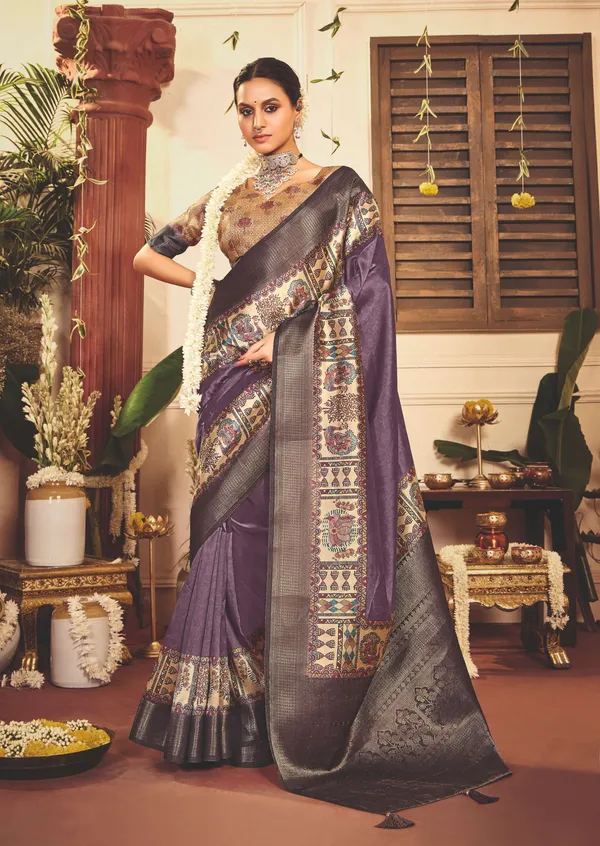 Grey_Pure_Tussar_Silk_Woven_Border_Pallu_Saree_For_Women
