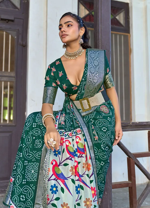 Green_Russian_Silk_Bandhani_Paithani_Border_Saree_For_Women
