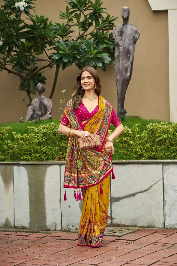 Yellow_Velvet_Tussar_Silk_Saree_With_Magenta_Blouse_For_Women