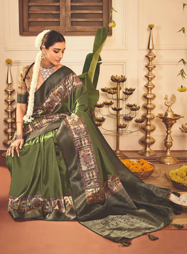 Olive_Green_Pure_Tussar_Silk_Zari_Work_Saree_For_Women