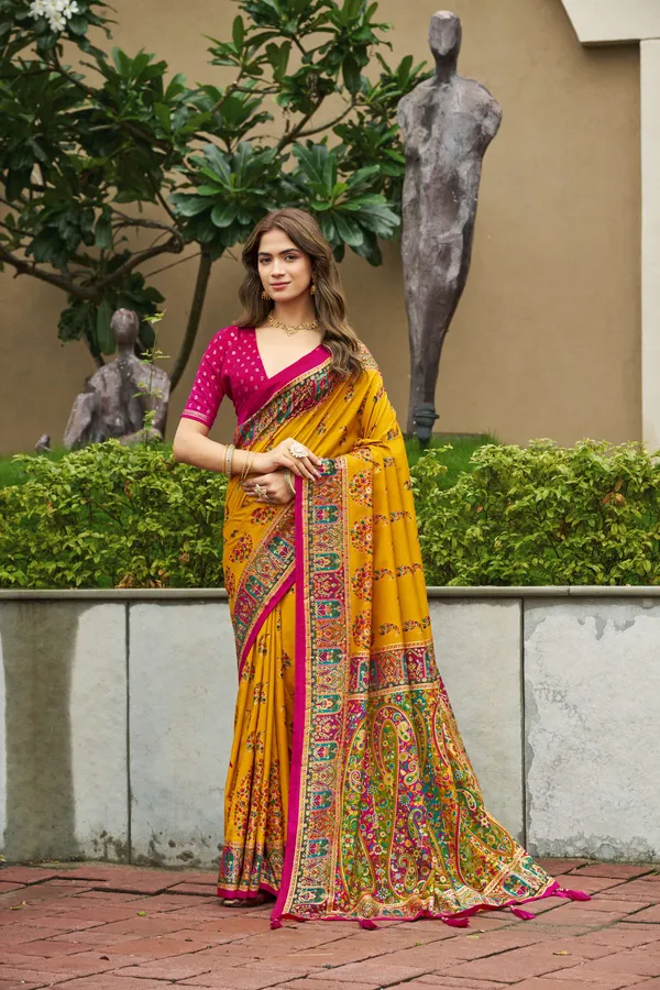 Yellow_Velvet_Tussar_Silk_Saree_With_Magenta_Blouse_For_Women