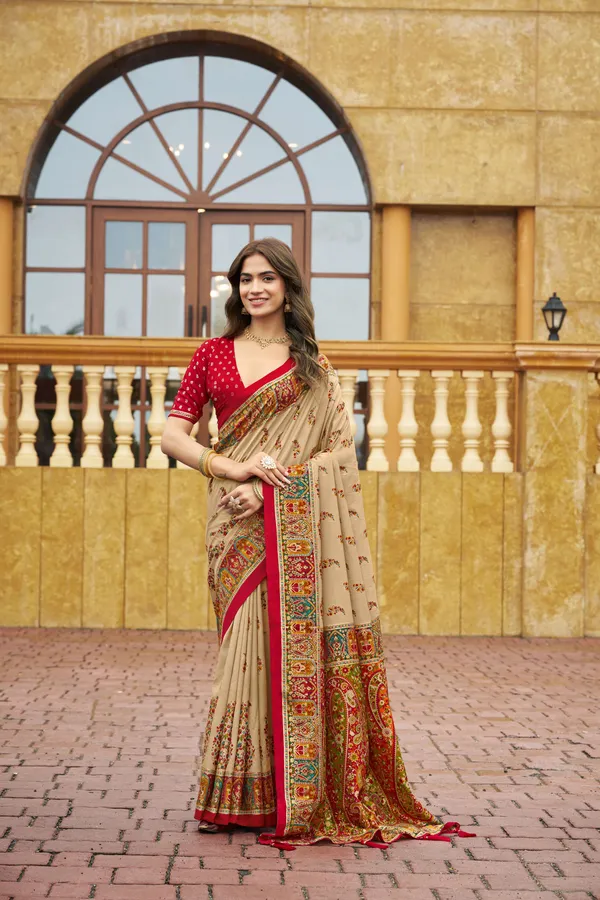 Beige_Velvet_Tussar_Silk_Embroidered_Saree_With_Red_Blouse_For_Women