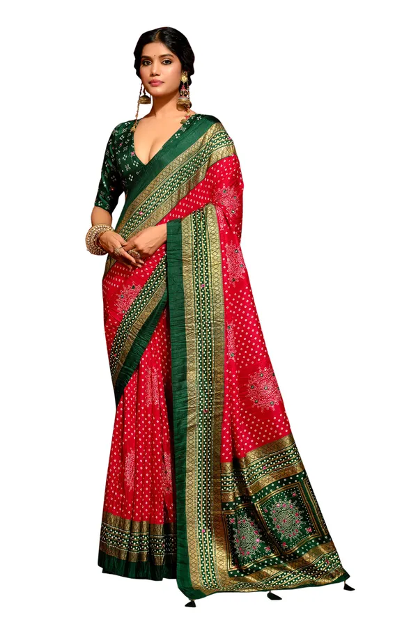 Red_Green_Velvet_Tussar_Silk_Bandhani_Zari_Border_Saree_For_Women