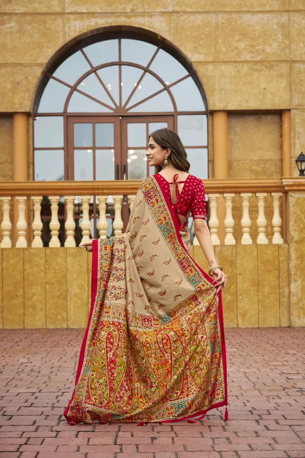 Beige_Velvet_Tussar_Silk_Embroidered_Saree_With_Red_Blouse_For_Women