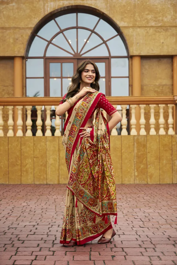 Beige_Velvet_Tussar_Silk_Embroidered_Saree_With_Red_Blouse_For_Women