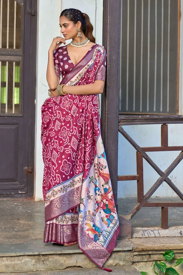 Maroon_Russian_Silk_Bandhani_Paithani_Border_Saree_For_Women