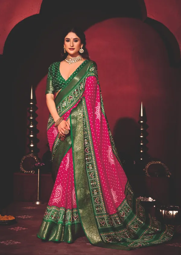 Pink_Green_Dola_Jacquard_Patola_Embroidered_Border_Saree_For_Women