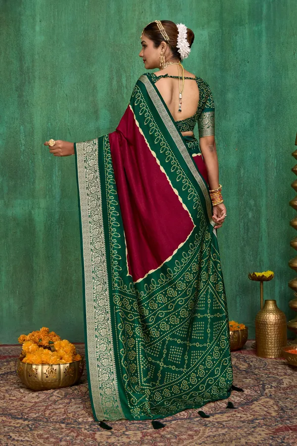 Green_Purple_Velvet_Tussar_Silk_Bandhani_Zari_Border_Saree_For_Women