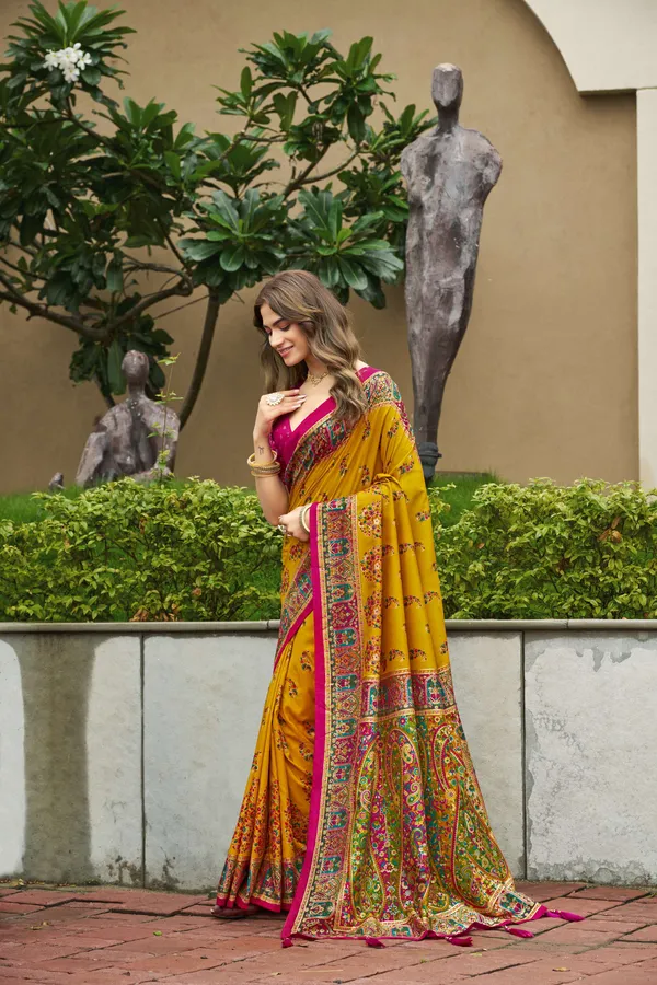 Yellow_Velvet_Tussar_Silk_Saree_With_Magenta_Blouse_For_Women