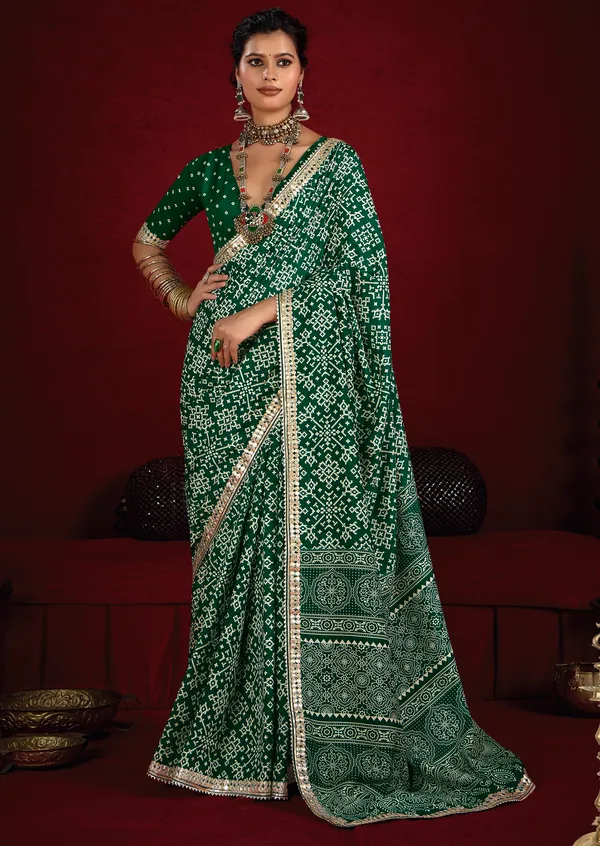 Green_Gold_Velvet_Tussar_Silk_Bandhani_Gotta_Patti_Saree_For_Women