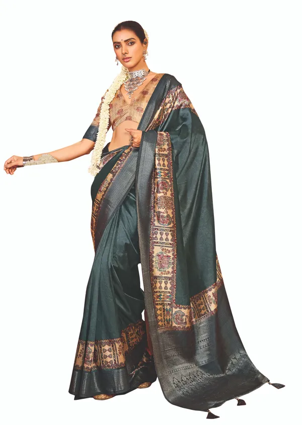 Teal_Green_Pure_Tussar_Silk_Embroidered_Border_Saree_For_Women