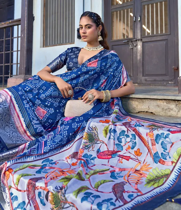 Blue_Russian_Silk_Bandhani_Silver_Zari_Border_Saree_For_Women