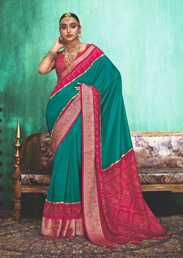 Teal_Green_Pink_Velvet_Tussar_Silk_Bandhani_Saree_For_Women