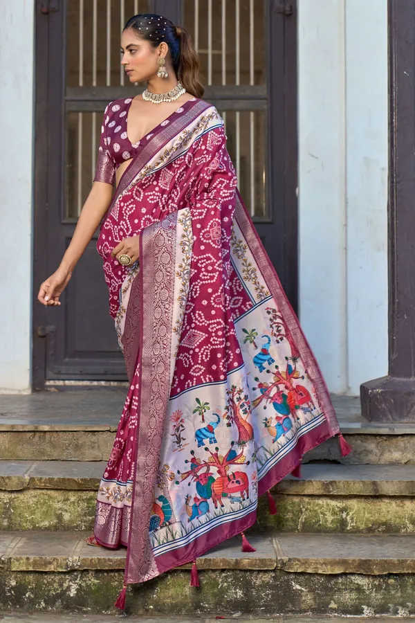 Maroon_Russian_Silk_Bandhani_Paithani_Border_Saree_For_Women