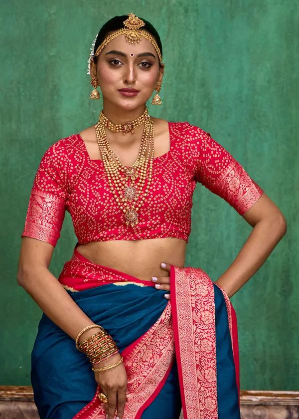 Teal_Blue_And_Pink_Velvet_Tussar_Silk_Zari_Work_Saree_For_Women