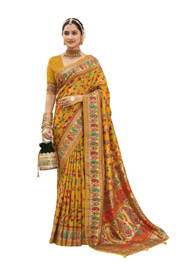 Mustard_Yellow_Pashmina_Silk_Floral_Woven_Kashmiri_Border_Saree_For_Women