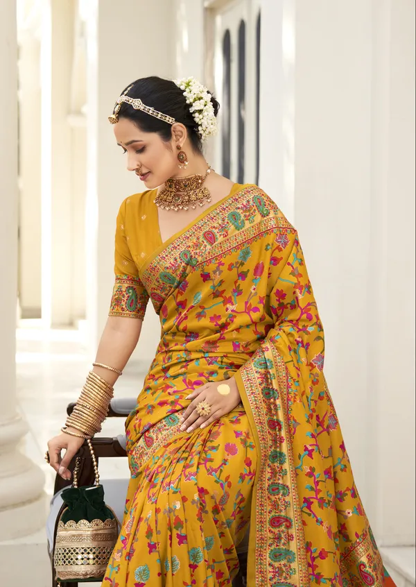 Mustard_Yellow_Pashmina_Silk_Floral_Woven_Kashmiri_Border_Saree_For_Women