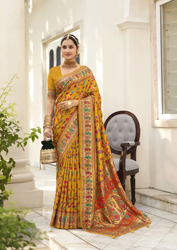 Mustard_Yellow_Pashmina_Silk_Floral_Woven_Kashmiri_Border_Saree_For_Women