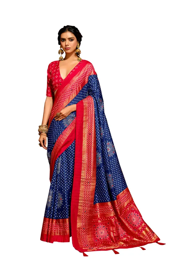 Blue_Red_Velvet_Tussar_Silk_Bandhani_Golden_Border_Saree_For_Women