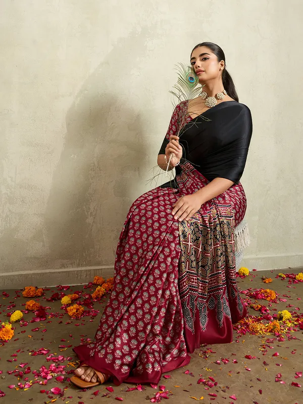 Black_Modal_Silk_Ajrak_Print_Saree_For_Women