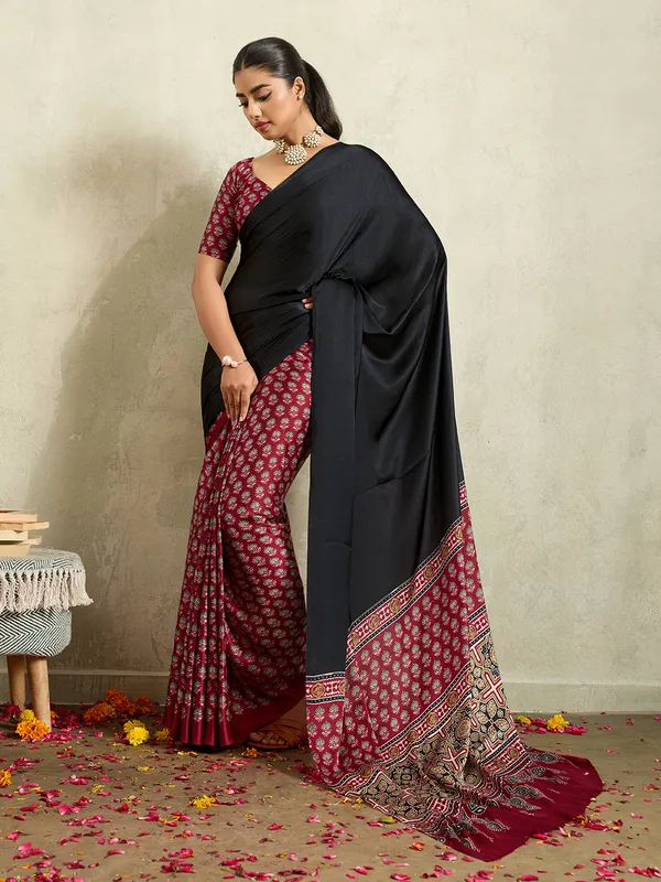 Black_Modal_Silk_Ajrak_Print_Saree_For_Women
