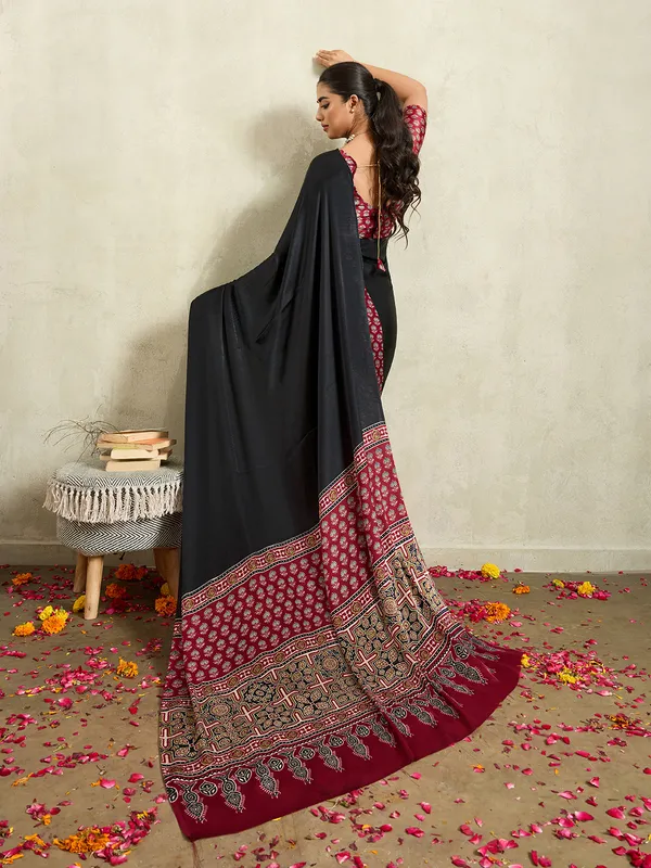 Black_Modal_Silk_Ajrak_Print_Saree_For_Women
