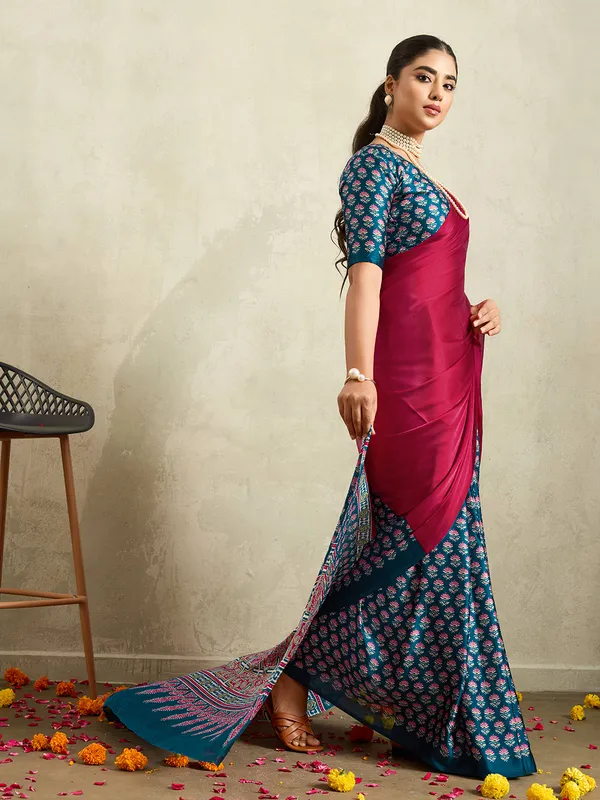 Magenta_Teal_Modal_Silk_Ajrak_Floral_Print_Saree_For_Women