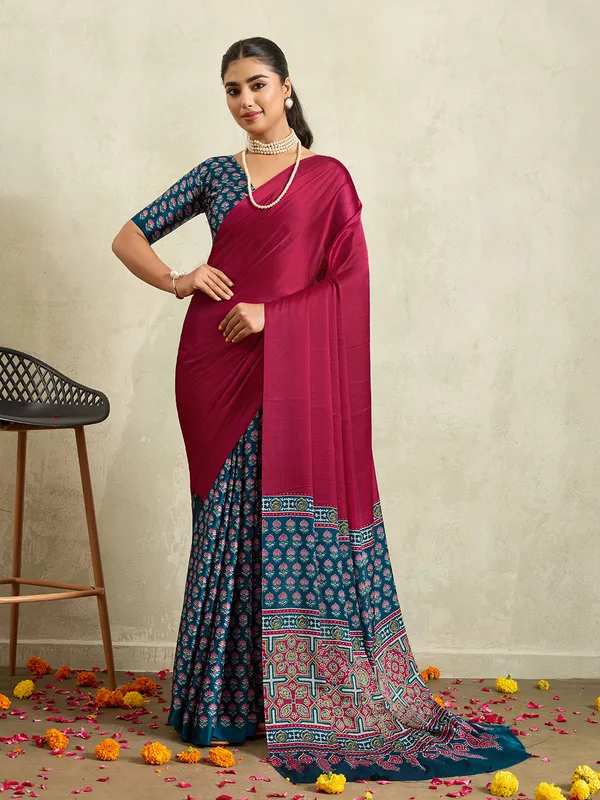 Magenta_Teal_Modal_Silk_Ajrak_Floral_Print_Saree_For_Women
