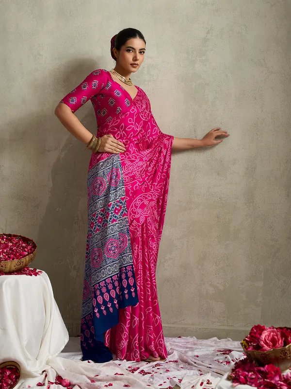 Rani_Pink_Modal_Silk_Bandhej_Saree_For_Women