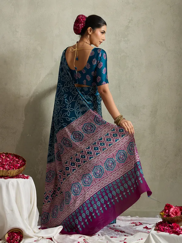 Teal_Blue_Modal_Silk_Bandhej_Ajrak_Pallu_Saree_For_Women
