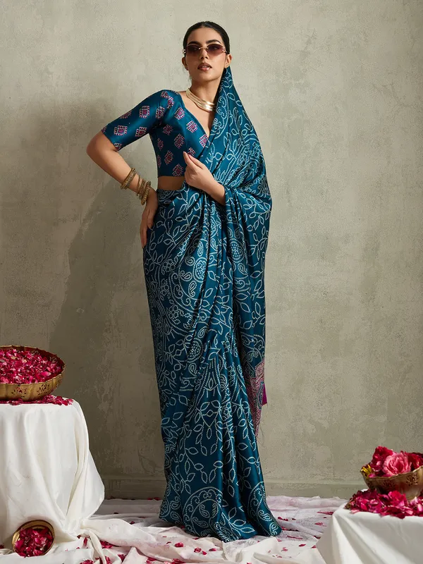 Teal_Blue_Modal_Silk_Bandhej_Ajrak_Pallu_Saree_For_Women