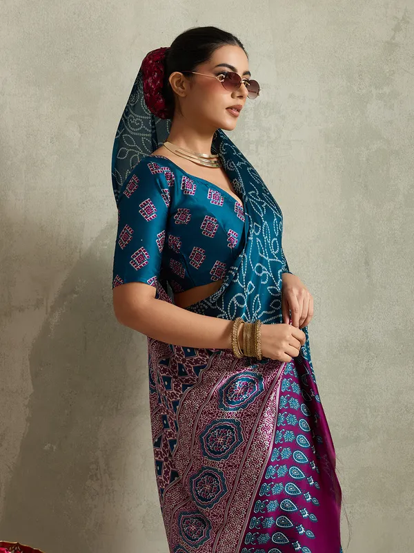Teal_Blue_Modal_Silk_Bandhej_Ajrak_Pallu_Saree_For_Women
