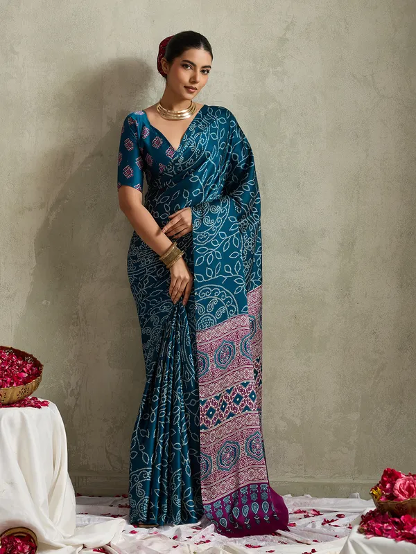 Teal_Blue_Modal_Silk_Bandhej_Ajrak_Pallu_Saree_For_Women
