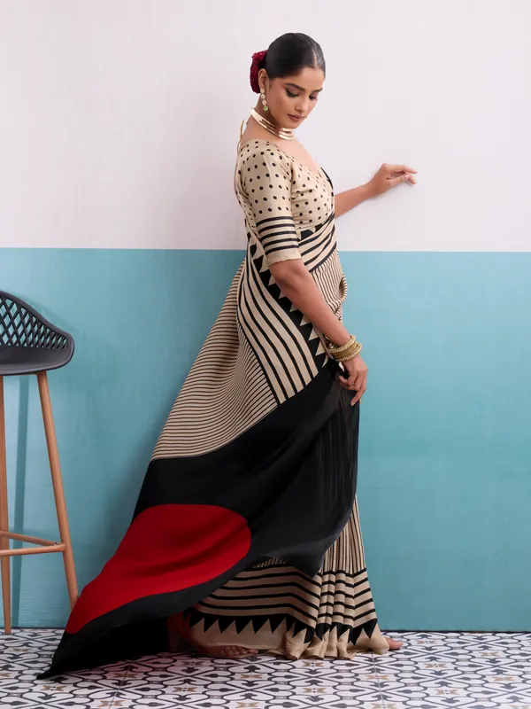 Cream_Black_Modal_Silk_Stripe_Print_Red_Pallu_Saree_For_Women