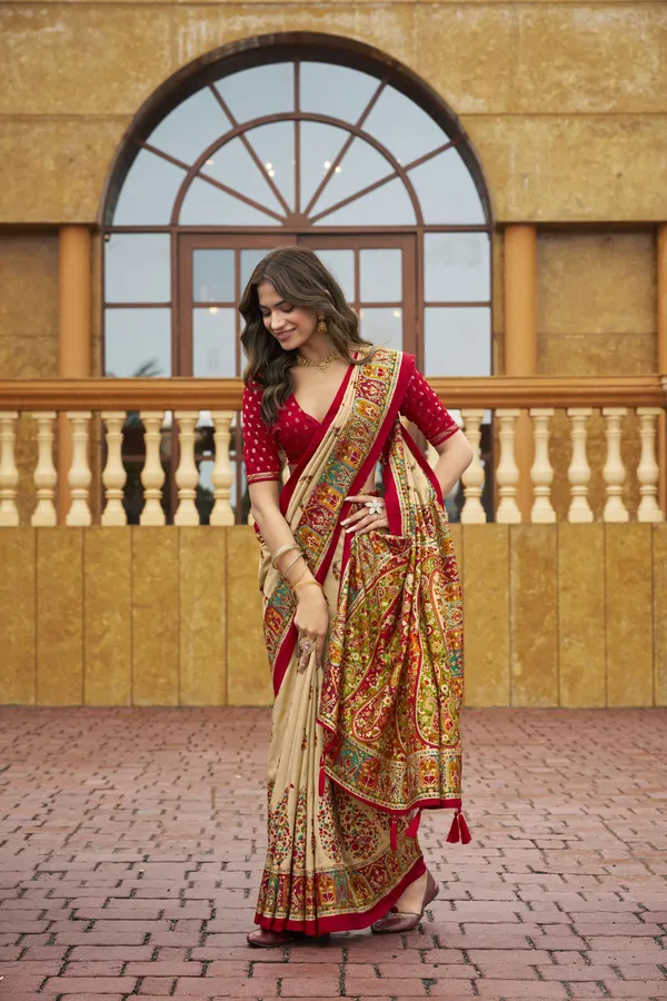 Beige_Velvet_Tussar_Silk_Embroidered_Saree_With_Red_Blouse_For_Women