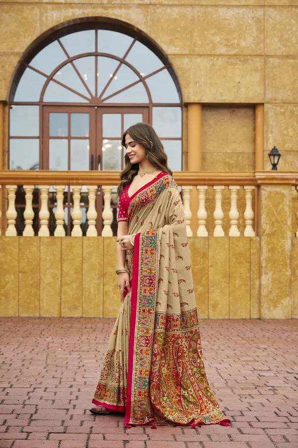 Beige_Velvet_Tussar_Silk_Embroidered_Saree_With_Red_Blouse_For_Women