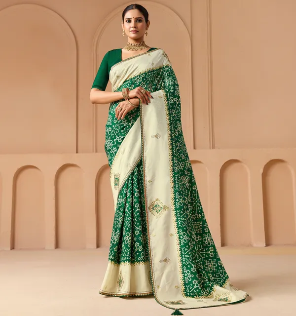 Cream_Green_Velvet_Tussar_Silk_Ikat_Print_Saree_For_Women_ODHNEE_LEGACY