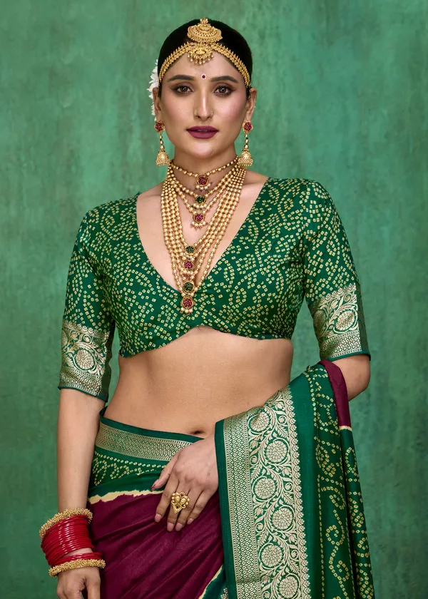 Green_Purple_Velvet_Tussar_Silk_Bandhani_Zari_Border_Saree_For_Women