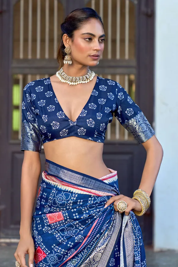 Blue_Russian_Silk_Bandhani_Silver_Zari_Border_Saree_For_Women